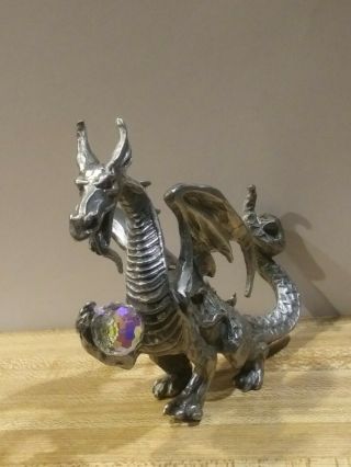 Pewter Dragon Figurine Holding Crystal Glass Ball.