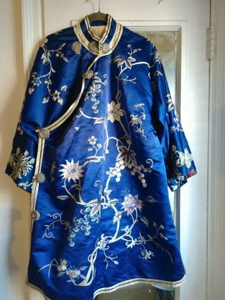 Antique Chinese Embroidered Silk Robe Lovely Flowers Sleeve Details