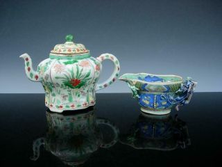 Two Antique Chinese Famille Verte Porcelain Teapot & Vessel,  Kangxi Period