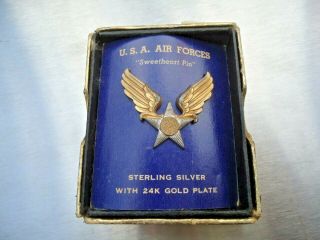 Vintage Wwii Us Air Force Sterling Wings Sweetheart Pin W/ Box