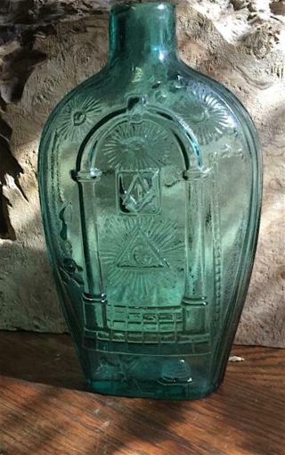1822 - 1840 Deep Blue - Green Masonic Historic Flask: Fantastic High Relief
