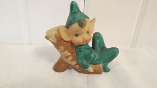 Vintage Ceramic Elf Japan Pixie Leaning On Stump Large Ears Green 3 1/4 " Wide