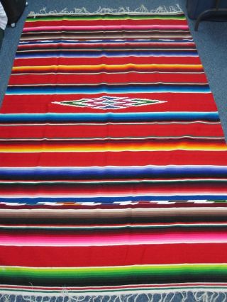 Vintage Colorful Mexican Wool Serape Blanket Rug With Delicate Fringe 52 " X 87 "