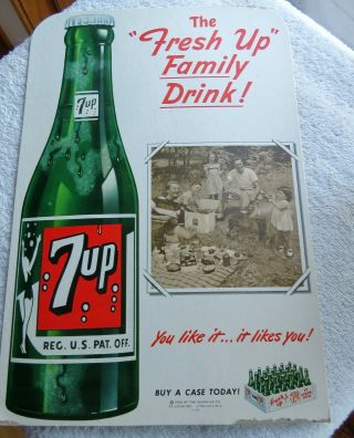 Vintage 1950 7 - Up Cardboard Stand Up Advertising Sign - Post War Family Picnic