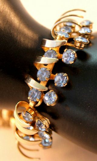 1950s Christian Dior By Kramer Blue Chaton Rhinestone On Golden Leaves Bracelet