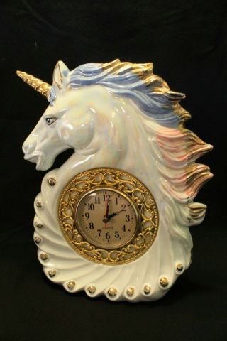 Vintage 80s Unicorn Head Clock Mythical Fantasy Ceramic / Porcelain Iridescent