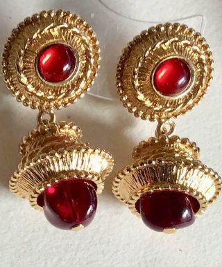 St John Vintage Earrings Haute Couture Ruby Red Cabochons & Gold Filigree Drops