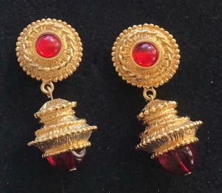 ST JOHN Vintage Earrings Haute Couture Ruby Red Cabochons & Gold Filigree Drops 2