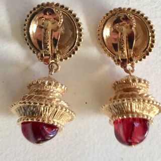 ST JOHN Vintage Earrings Haute Couture Ruby Red Cabochons & Gold Filigree Drops 3