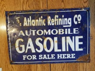 Atlantic Refining Automobile Gasoline Embossed Tin Sign Vintage Station Oil Farm