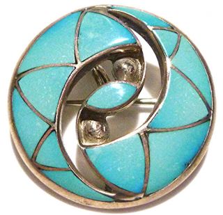 Designer Vacit Zuni Sterling Silver Turquoise Inlay Round Brooch Pin Pendant 1 "