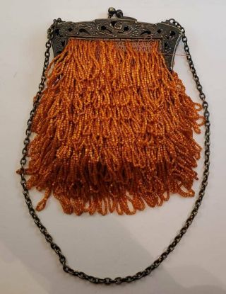 Antique Amber Orange Beaded Purse With Chain Anchor German Silver Latch Frame