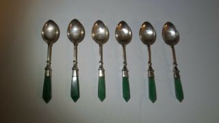 Jade And 600 Silver Demi Spoons Hand Tooled Old Set Of 6