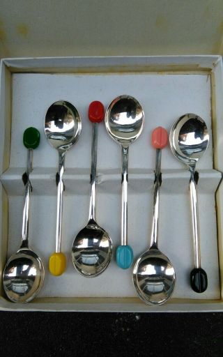 Vintage 1950/60 Set 6 Epns Silver Plated Multi Colour Tea Coffee Bean Spoons