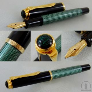 Old Style Pelikan M400 Green Striated Fountain Pen 14c Obb Nib W - Germany C1985