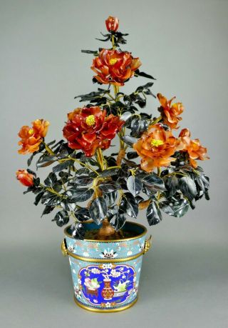 Fine Old Chinese Carnelian Agate Peony Flower Huge Jade Tree Cloisonne Planter