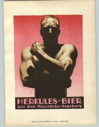1926 Ludwig Hohlwein Munchen Hercules Herkules Bier Muscle Color Poster Print