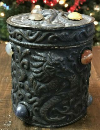 Antique Asian Silver Brass Gilt Embossed Dragon Jade Stones Humidor Box