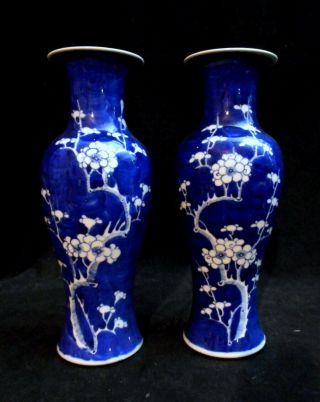 19th C.  Antique Pair Chinese Prunus Vases Blue And White Double Ring Mark