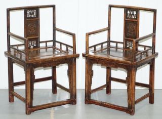 Chinese Circa 1910 Walnut Throne Elbow Armchairs Hand Fretwork Carved