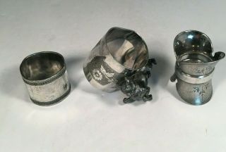 3 Victorian Silver Plated Figural Napkin Rings W/ Dog One Marching Band & Plain