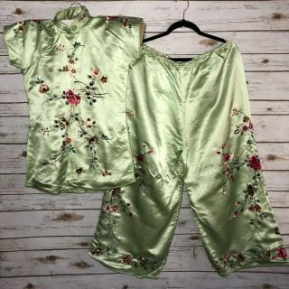 Antique 1900s Chinese Qipao Silk Floral Cheongsam Embroidered Top Pants Qing