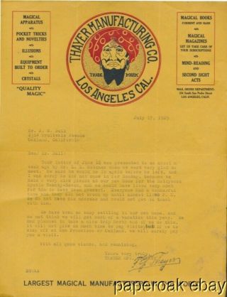 1929 Letter From Magic Dealers Thayer Manufacturing Co.  Los Angeles