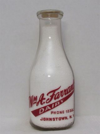 Trpq Milk Bottle Wm A Farrant Dairy Farm Johnstown Ny Fulton County 1946 Barn