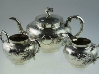 Antique 19th Century Chinese Dragon Solid Silver Teapot Set Circa 1890
