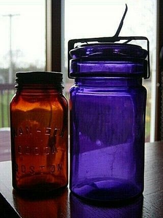 Rb 2909 Amber 1/2 Pint Wan - Eta Cocoa Fruit Jar Safety Valve Bottle S.  C.  A.  Purple