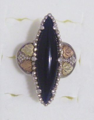 Vintage Long 12k Black Hills Rose Gold Leaves & Sterling Onyx Marquise Ring Sz7