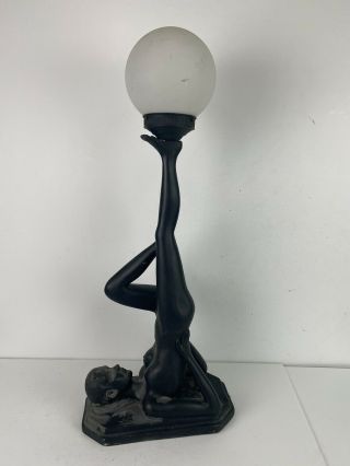 Vintage Nude Naked Woman Lady Table Lamp Black Art Deco W/ Glass Globe