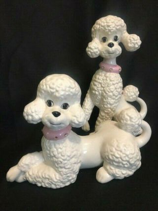 Vintage Ceramic Poodles,  Dogs,  Pink Collars And Bow,  Rhinestone Bling,  Handmade