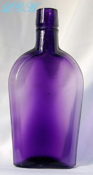 Small Antique Old Western Whiskey Coffin Or Shoo - Fly Flask Deep Amethyst Color