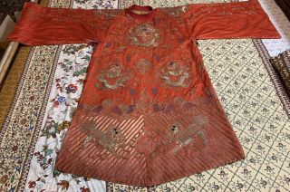 Antique Chinese Hand Embroidery Qing Dynasty Silk Dragon,  Foo Loin Robe