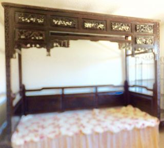 Exquisite Antique Chinese Hand Carved Wood Wedding Opium Canopy Bed 2