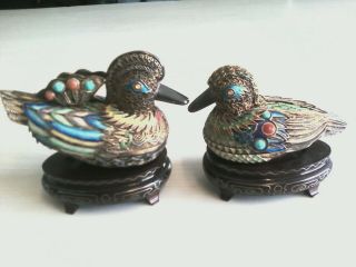 Antique Silver Chinese Filigree Duck Pair Sculpture