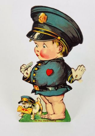 Vintage Valentine Card Chubby Little Boy Police Uniform Whistle Puppy Dog