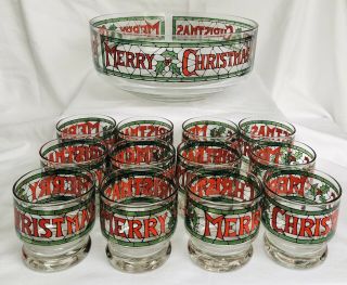 Vintage Cera Merry Christmas Punch Bowl Set With 12 Glasses