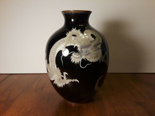 Antique Japanese Cloisonne " 3 - Toed Double Dragon " Black Enamel Vase Meiji 19th - C