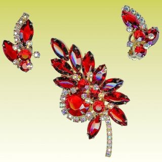 Striking 1960s True Juliana D&e Cherry Red Brooch Earring Set