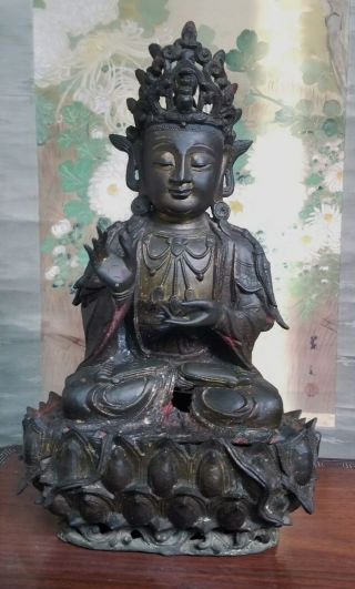 Large Antique Chinese Bronze Guanyin.  Ming Period.  Some Gilt Remains.