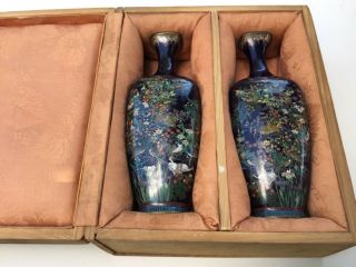 Fine Pair Antique Japanese Meiji Cloisonne Enamel Vases With Box