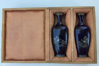 Fine Pair Antique Japanese Meiji Cloisonne Enamel Vases with Box 2