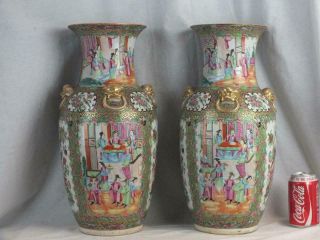 Fine Pair 17 " 19th C Chinese Porcelain Famille Rose Canton 4 Handled Vases