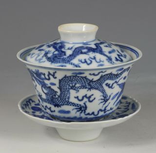 A Chinese Blue And White Dragon Bowl Cover And Stand Guangxu 19/20thc