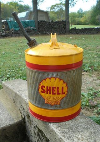 Vintage 5 Gallon Metal Gas Can Shell Oil Co Logo Decal Delphos Daisy Pattern Top