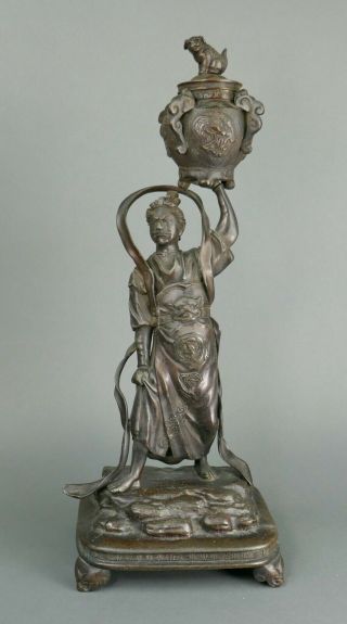 Fine Old Japanese Cast Bronze Figure Of A Man Holding A Incense Censer Pot