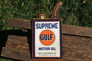 Gulf Supreme Motor Oil Can Embossed Tin Metal Sign - Gasoline - Retro - Vintage