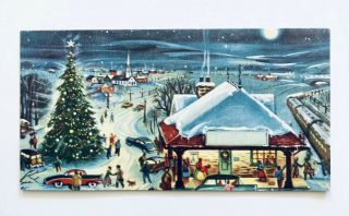 Nos Vintage Christmas Card City Town House Church Automobile People Tree Snow